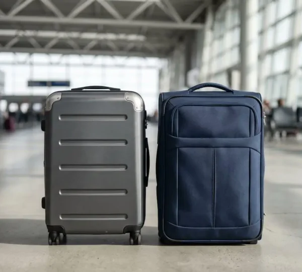 Valise rigide et valise souple côte à côte dans un environnement de voyage contemporain
