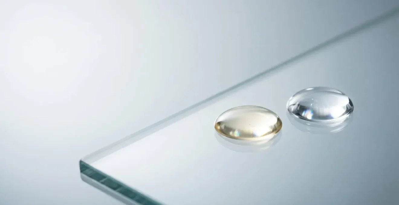 Gouttes de sérum vitaminé sur une surface de verre translucide avec reflets lumineux naturels