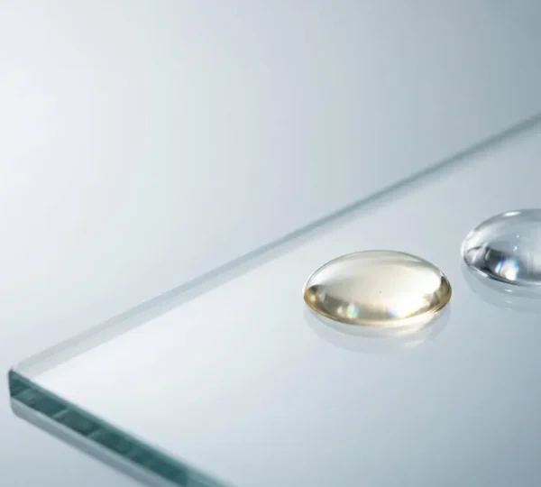 Gouttes de sérum vitaminé sur une surface de verre translucide avec reflets lumineux naturels